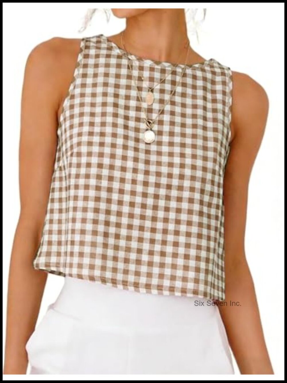 Gingham Plaid Crop Tank Top Sleeveless High Neck Back Buttons Cotton